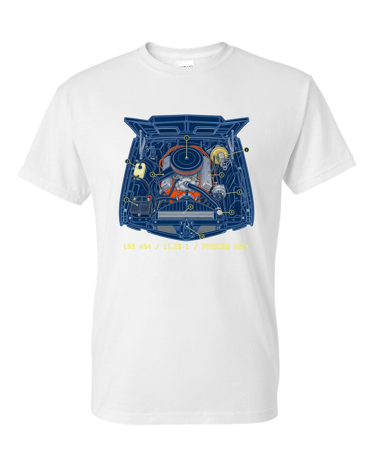 Blueprint line art print of a 1970 Chevelle SS 454 engine bay with the text LS6 454, 11.25:1, Premium Only white t-shirt front view with the design