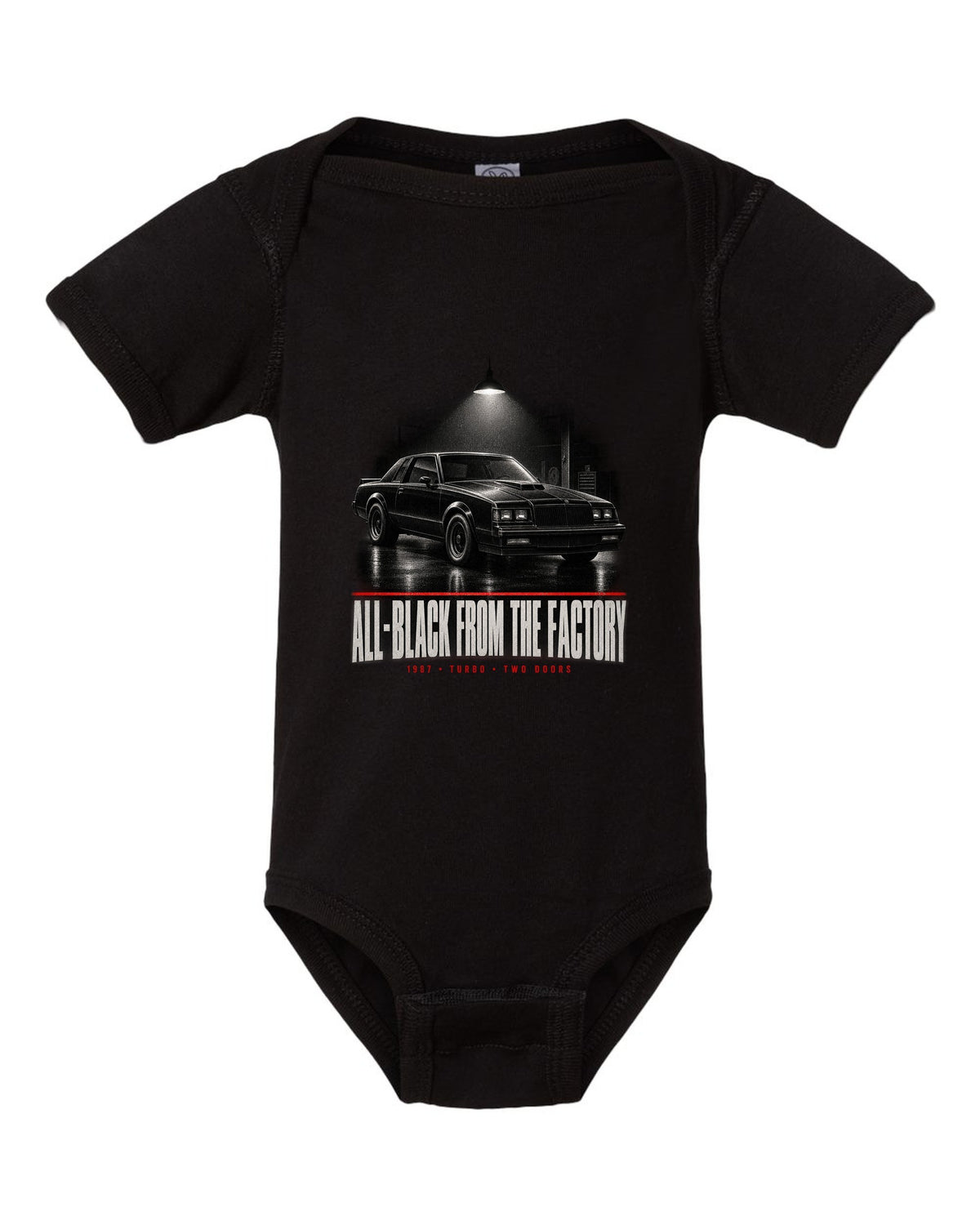 1987 Buick Grand National garage night scene print with all-black text black baby onesie front view with the design