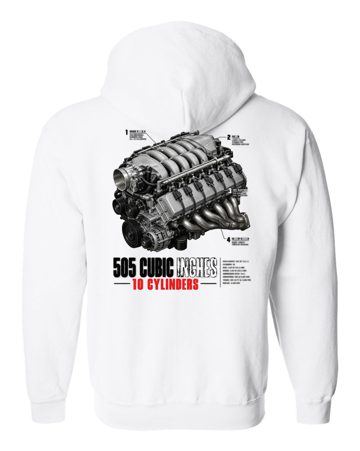 Dodge Viper SRT-10 ZB I 8.3L V10 engine hero print with 505 cubic inches lettering white zip hoodie back view with the design