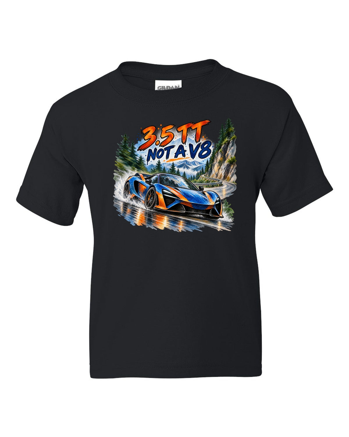 Ford GT 2017-2022 on a hairpin in a watercolour wash print black kids tee front view with the design