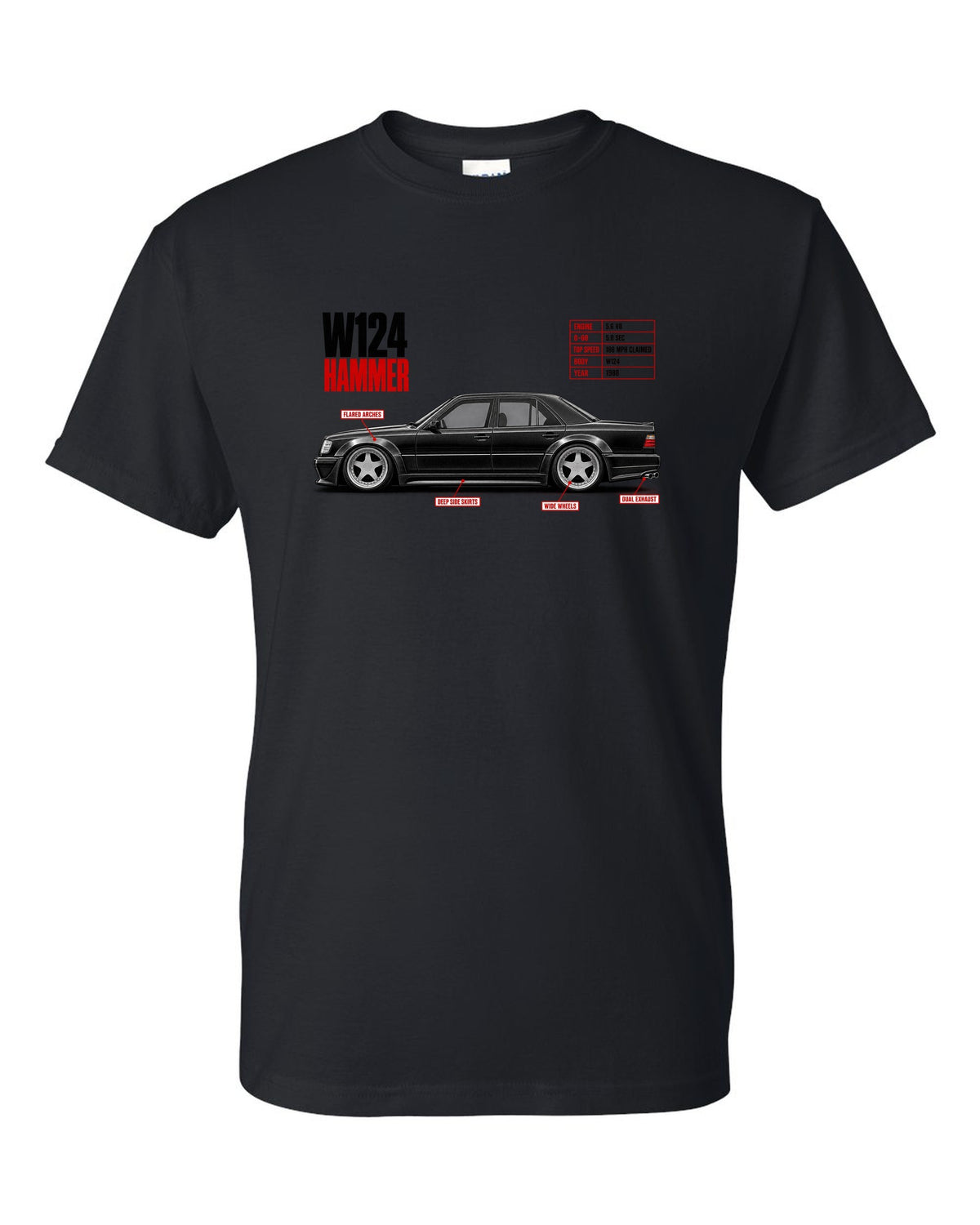 print spec poster of a Mercedes W124 Hammer with text 0-60 5.0 sec, 5.6 V8, 1988 black t-shirt front view with the design