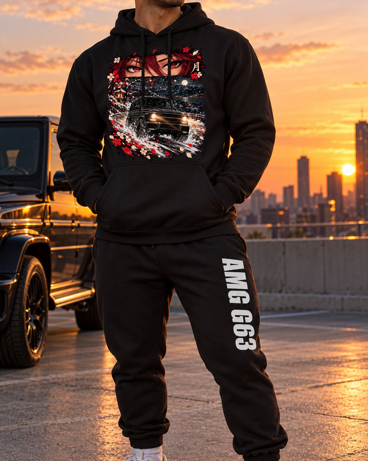 Mercedes AMG G63 Anime Girl Hoodie + Jogger Set Black worn hero