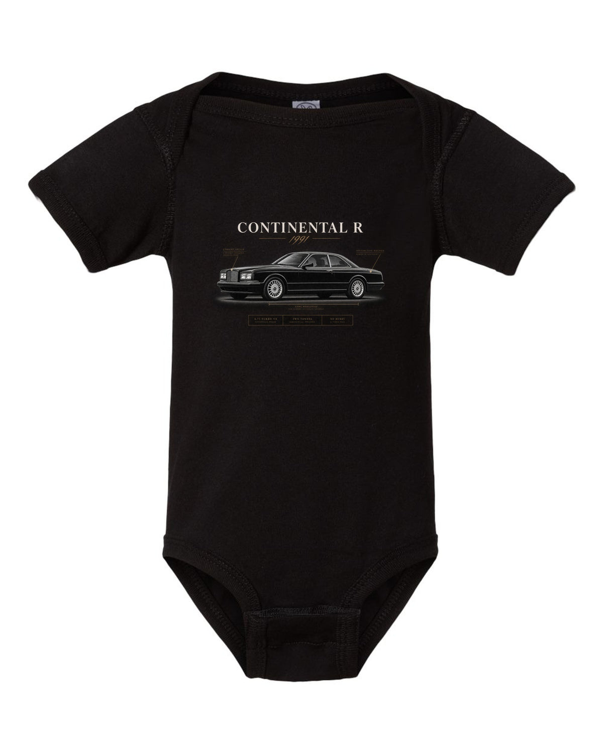 Bentley Continental R 1991 spec poster with 6.75 turbo V8 black baby onesie front view with the design