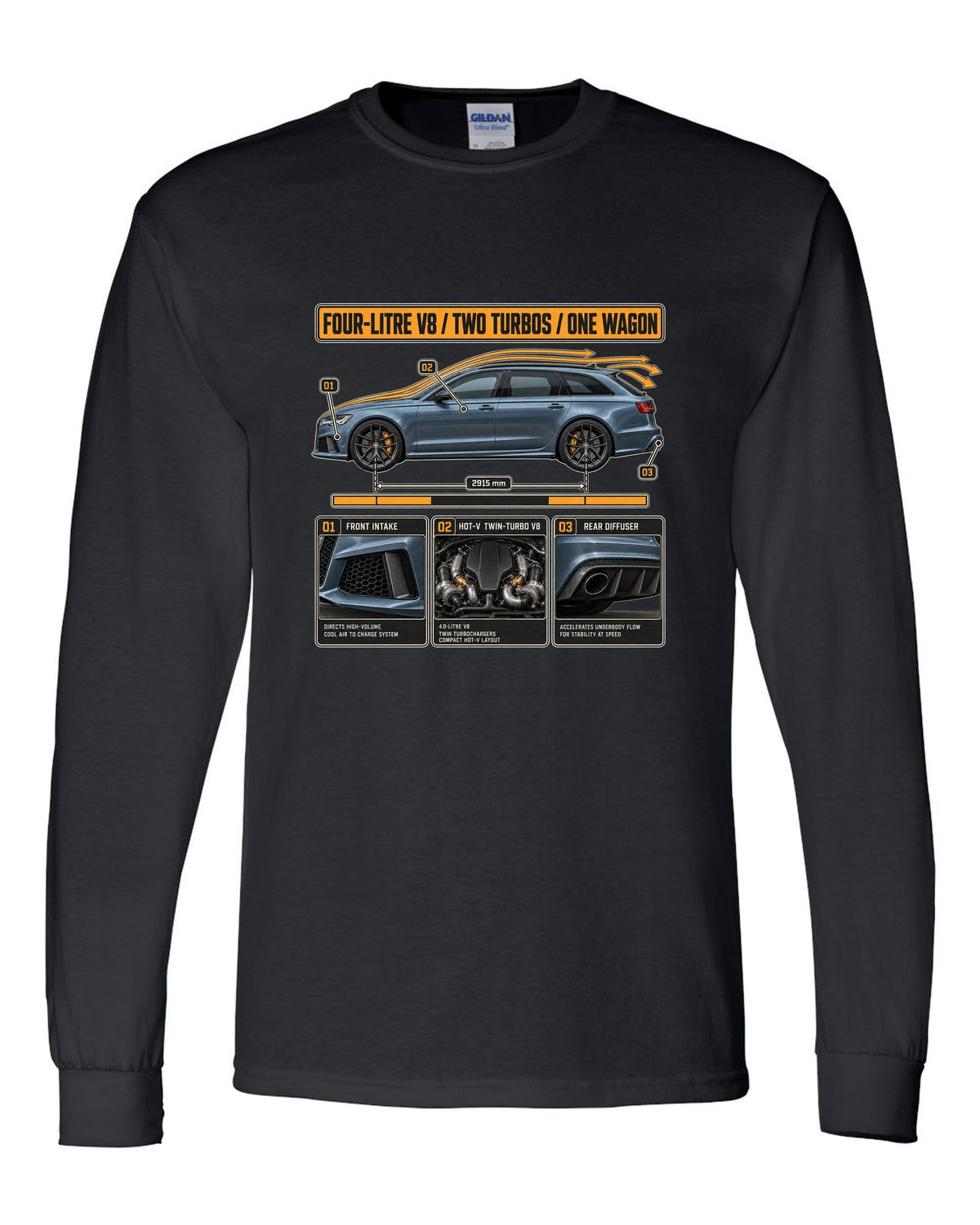 Audi RS6 Avant C7 steel blue aero cutaway callouts print black long sleeve front view with the design
