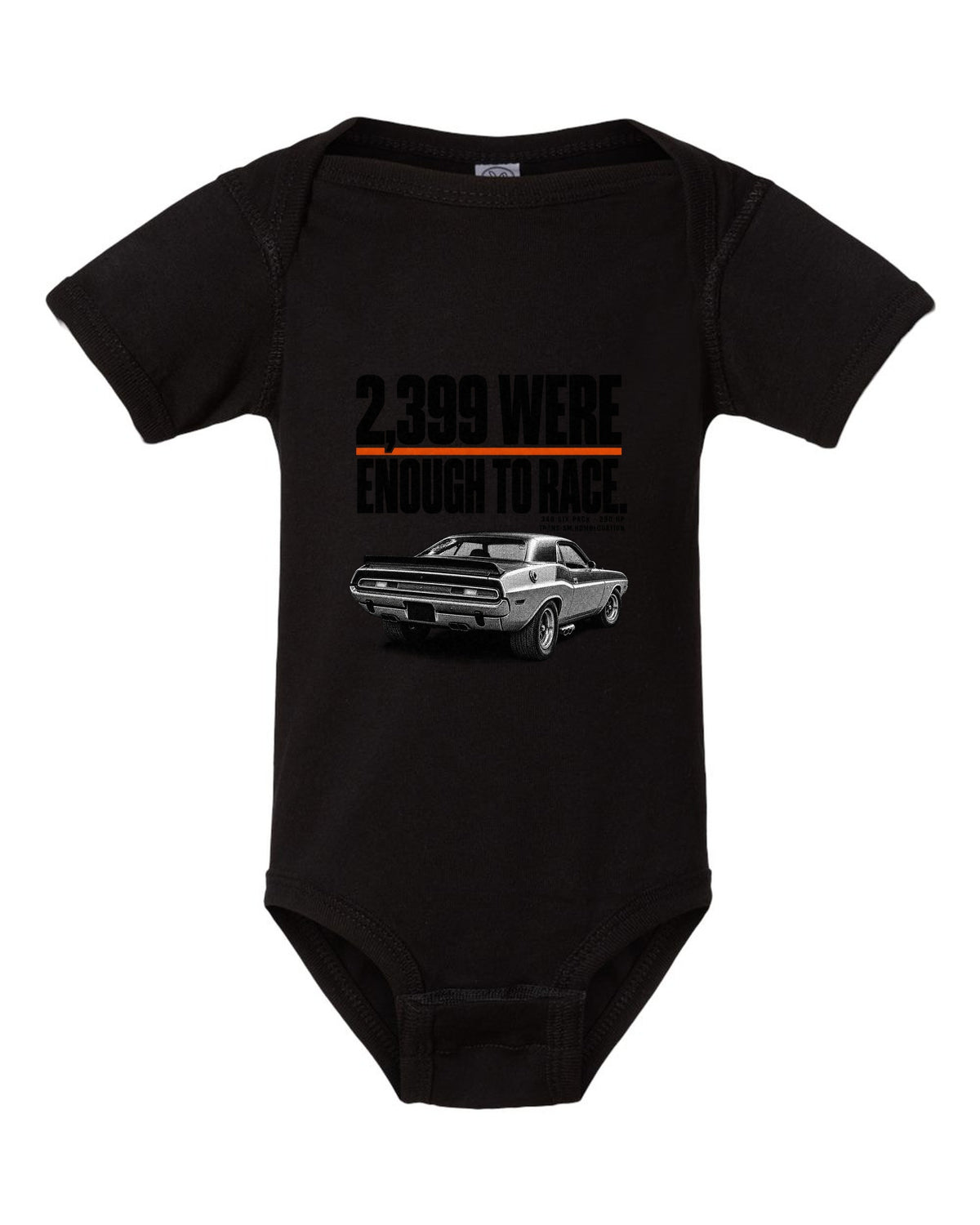 1970 Dodge Challenger T/A halftone print with 2,399 built and 340 Six Pack lettering black baby onesie front view with the design