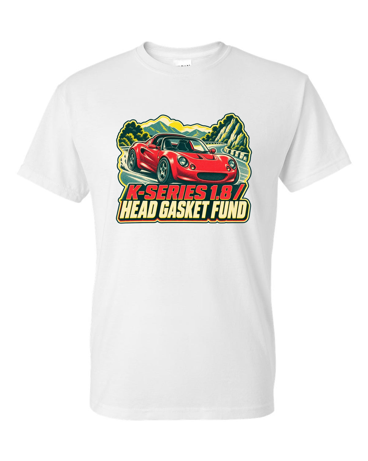 Lotus Elise S1 risograph print with K-Series 1.8 head gasket fund lettering white t-shirt front view with the design