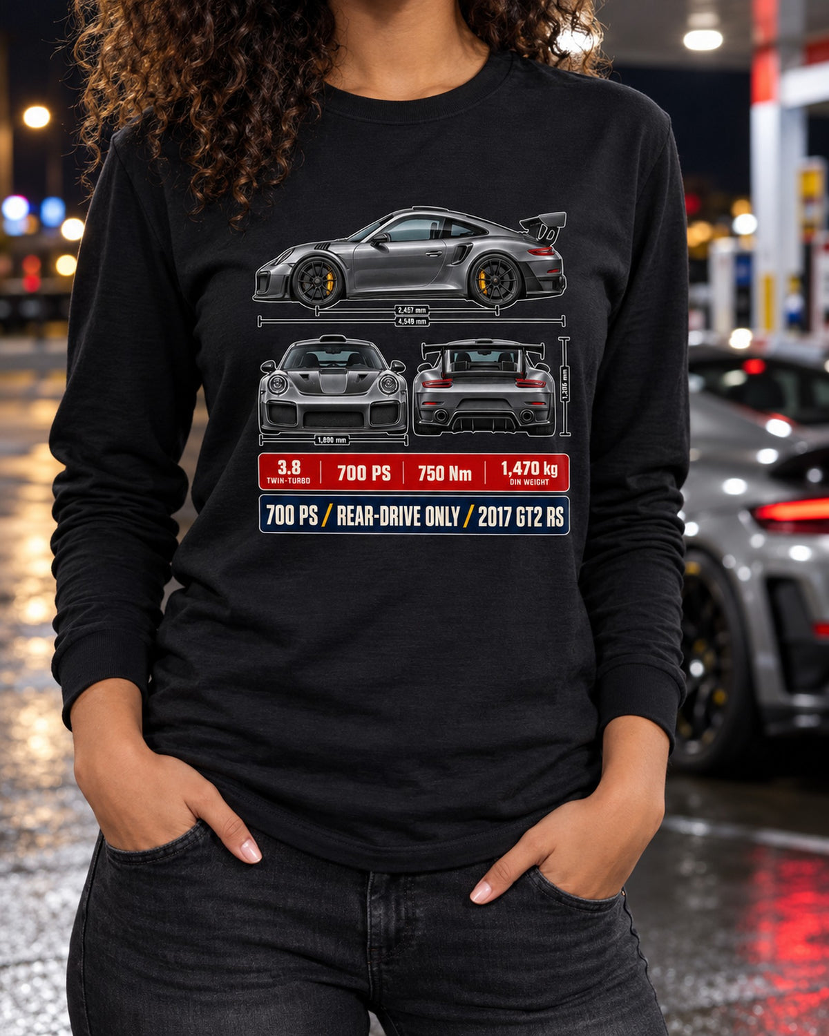 Porsche 911 GT2 RS 991.2 Three-View Dossier Shirt, Car Tee Long Sleeve Black worn hero