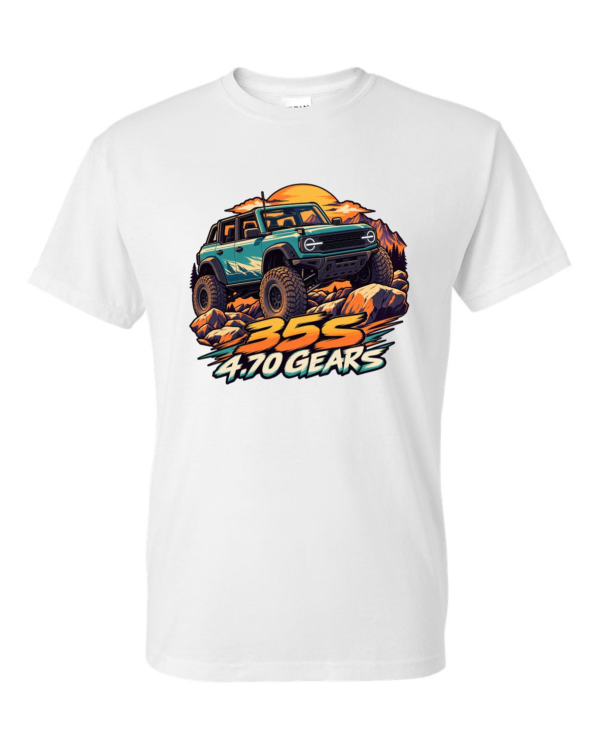 Ford Bronco 6G four-door Sasquatch in a cel-shaded anime print white t-shirt front view with the design
