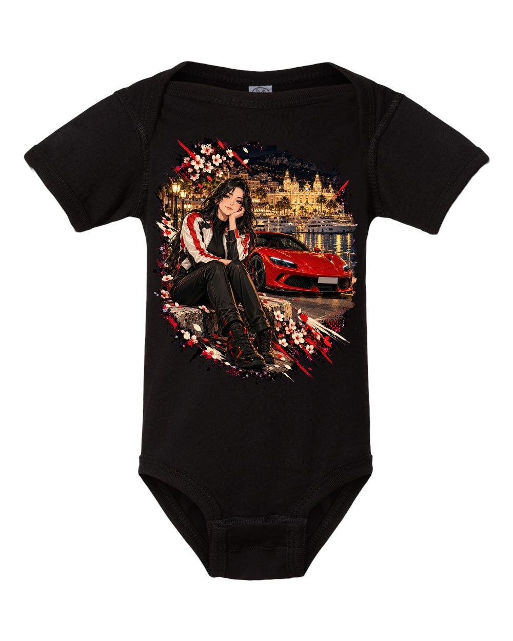 Ferrari 296 GTB Anime Girl Baby Onesie Black front