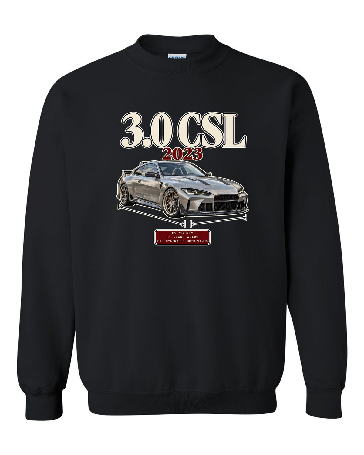 BMW 3.0 CSL E9 to G82 archive panel print black crewneck front view with the design