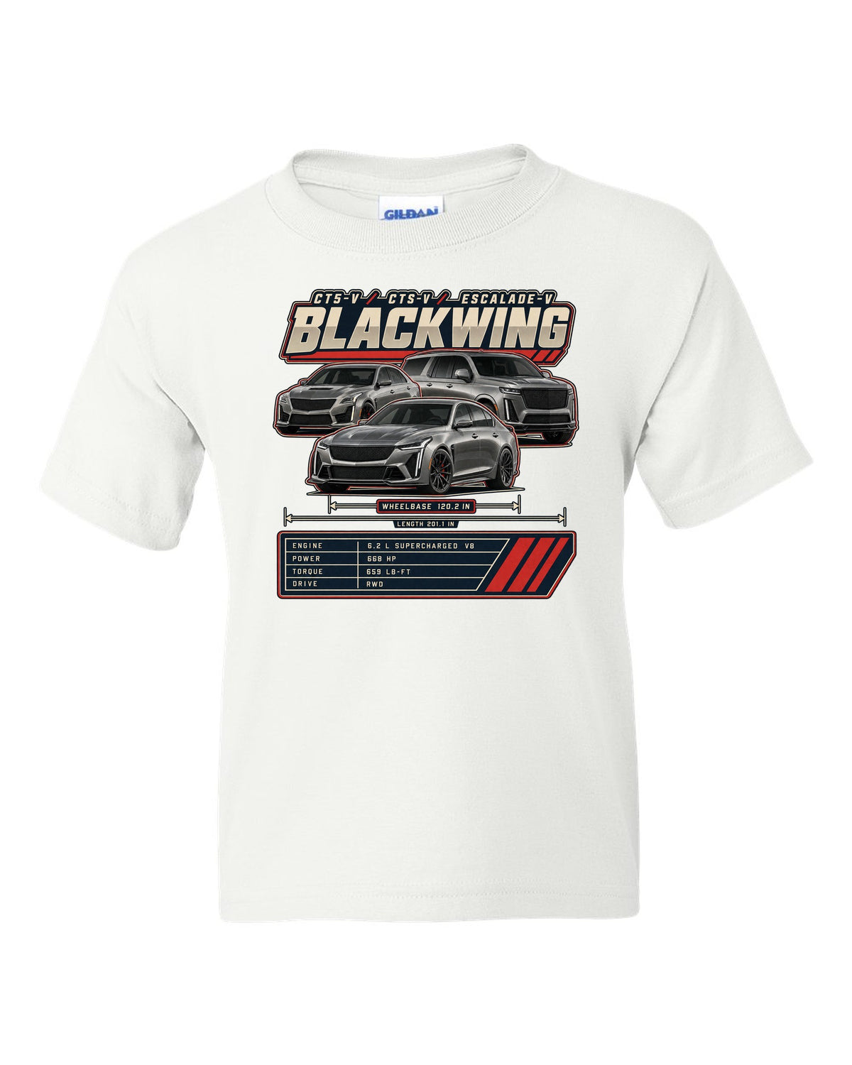 Spec poster print of a Dodge Charger SRT Hellcat Redeye Widebody white kids tee front view with the design