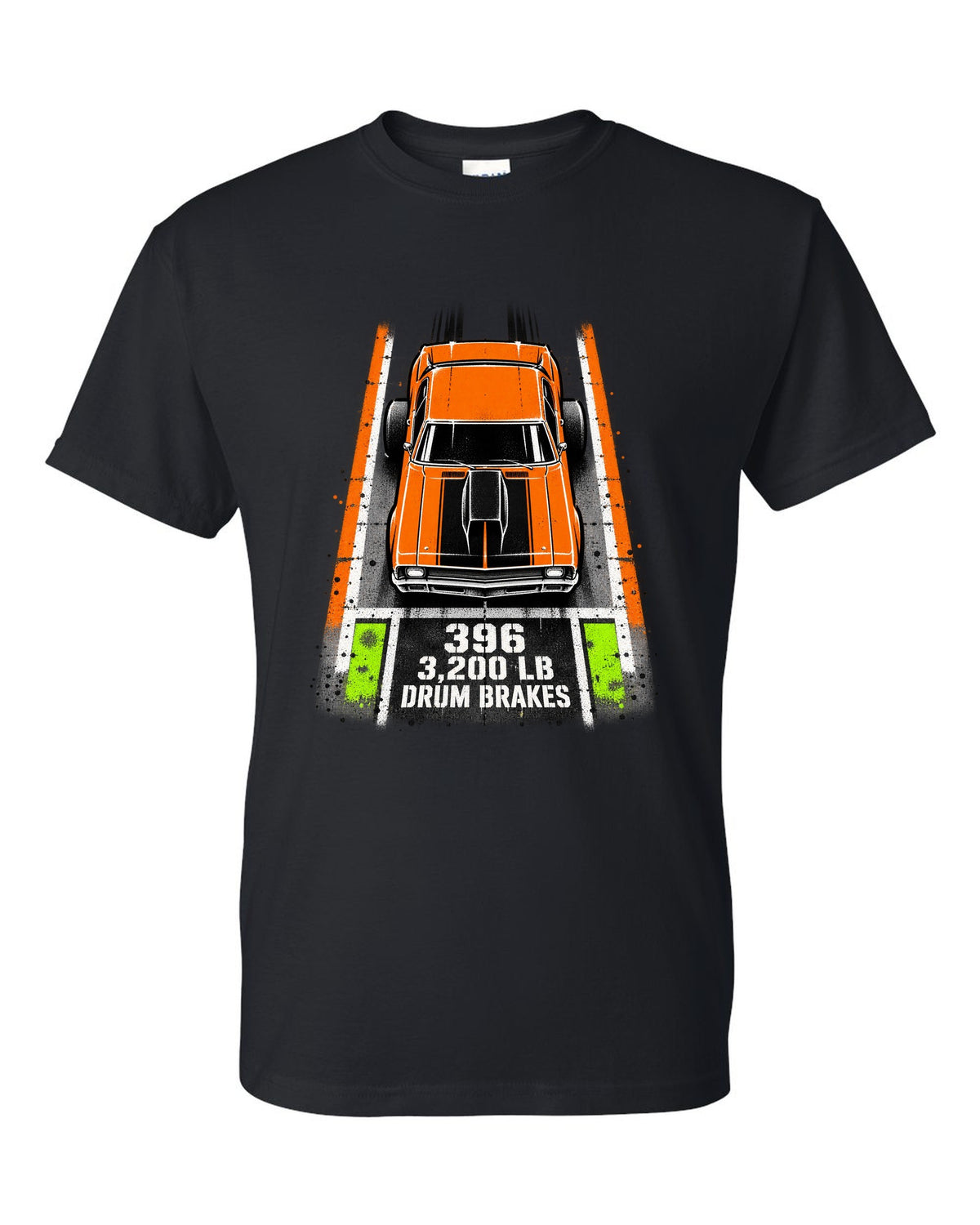 Stencil spray street art print of a 1970 Chevrolet Nova SS 396 with the text 396, 3,200 LB, Drum Brakes black t-shirt front view with the design