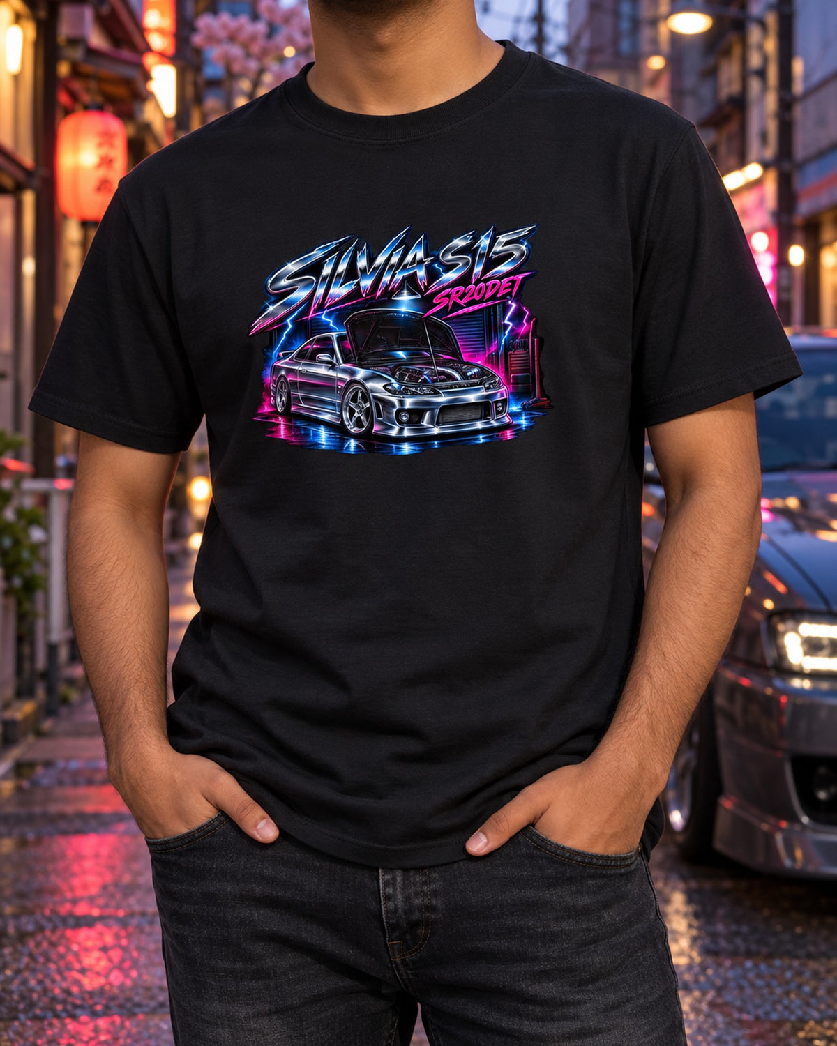 Silvia S15 SR20DET 80s Airbrush Chrome Poster Tee T-Shirt Black worn hero