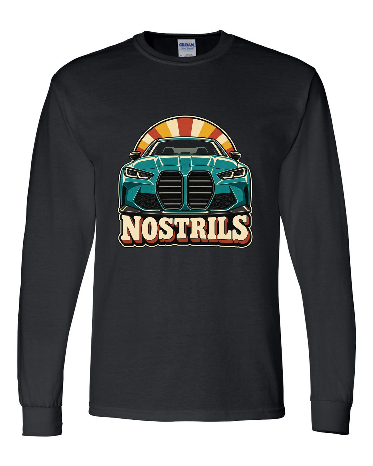 BMW G80 M3 retro catalogue ad style print with Nostrils text black long sleeve front view with the design
