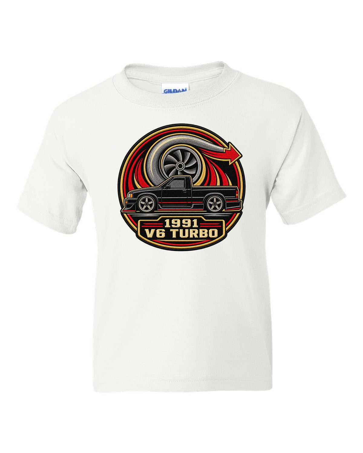 Varsity round embroidery-style design for a 1991 GMC Syclone reading 1991 / V6 TURBO white kids tee front view with the design