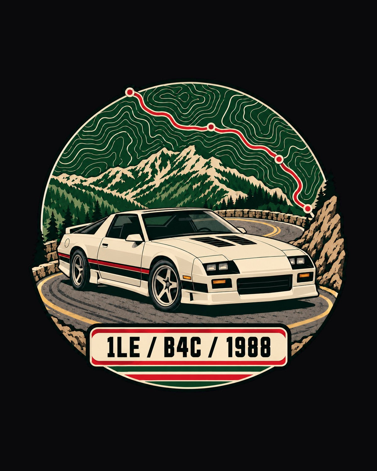 1988 Camaro 1LE Route Map Shirt, B4C Topographic Print design only
