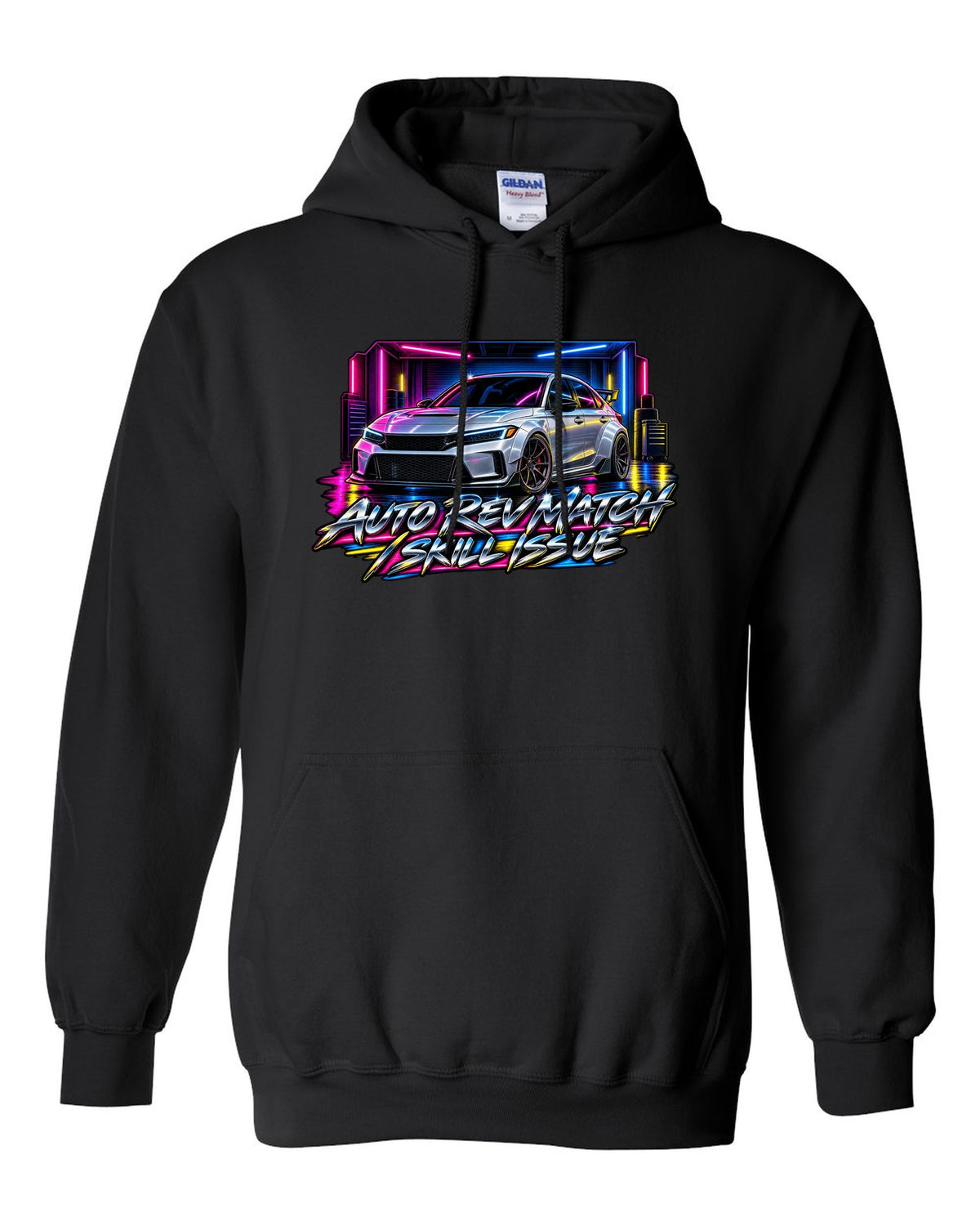 80s airbrush poster style print of a 2023 Honda Civic FL5 ch with auto rev match text black pull over hoodie front view with the design