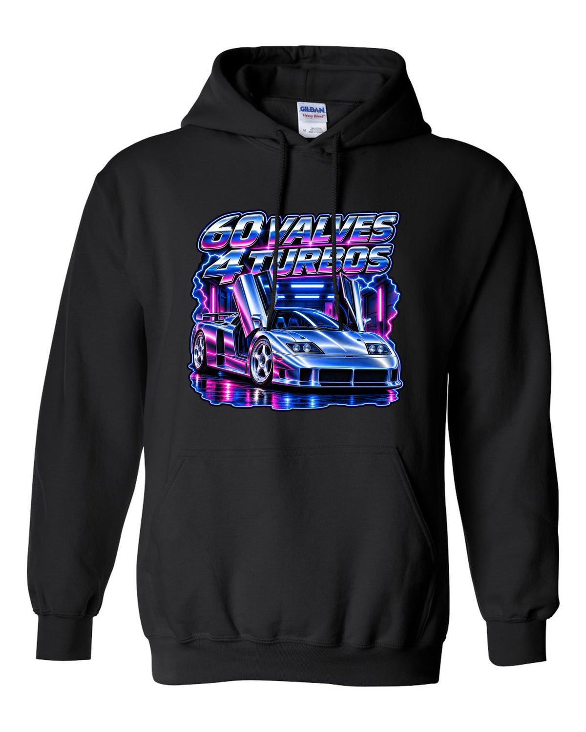 90s airbrush chrome print of a Bugatti EB110 SS with 60 valves and 4 turbos lettering black pull over hoodie front view with the design