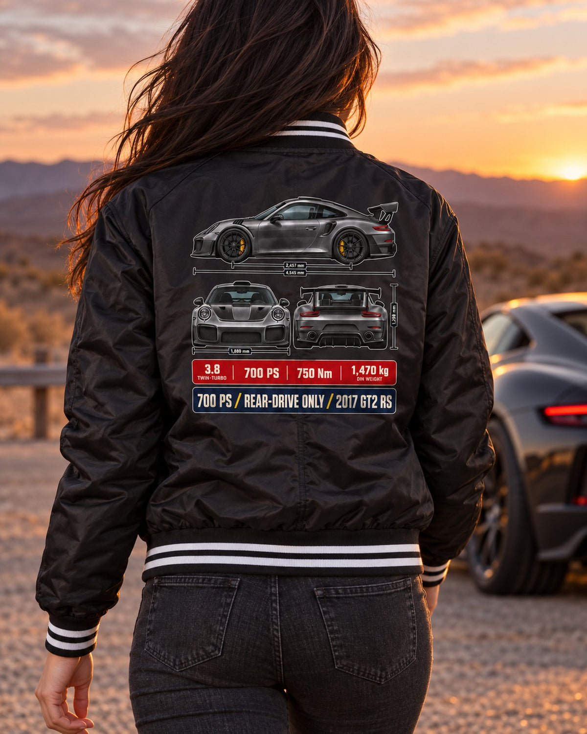 Porsche 911 GT2 RS 991.2 Three-View Dossier Shirt, Car Tee Bomber Jacket Black worn hero