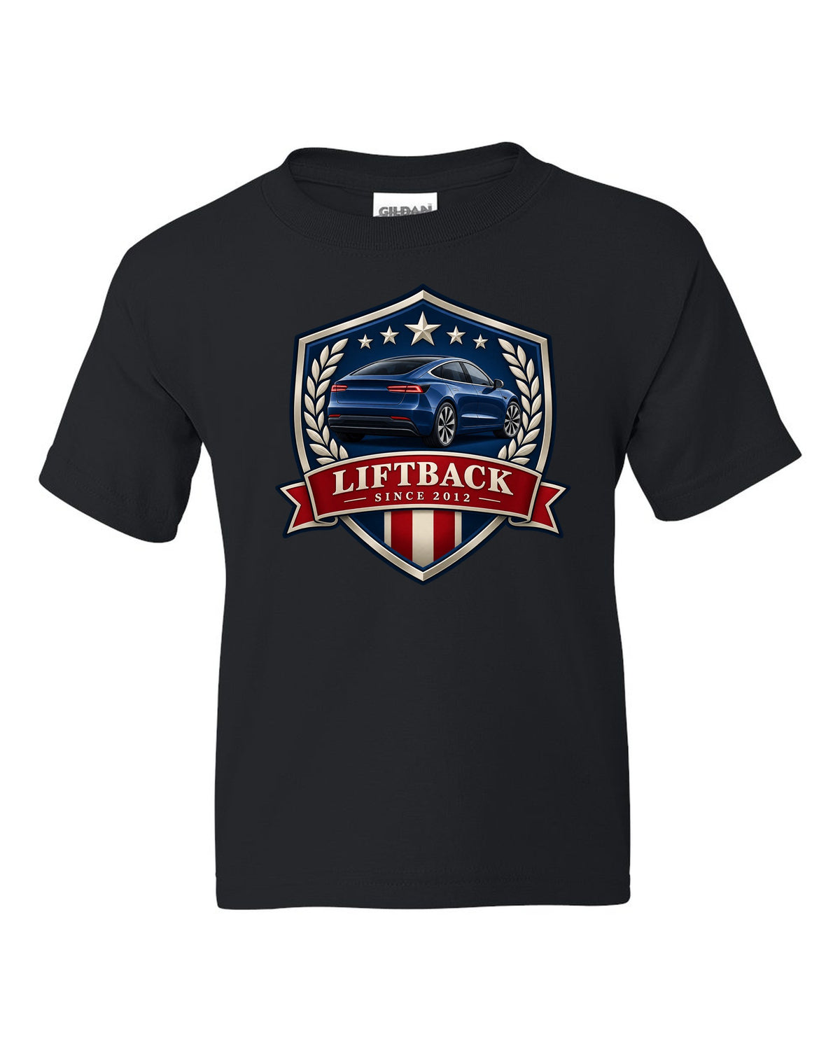Original shield crest design of a 2021 Tesla Model S Plaid with the words Liftback Since 2012 black kids tee front view with the design