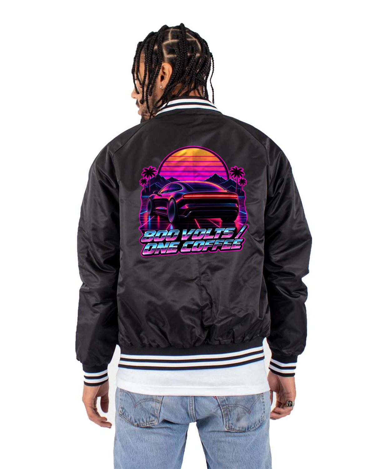 Porsche Taycan Turbo S 9J1 Synthwave Outrun Shirt, EV Tee Bomber Jacket Black back