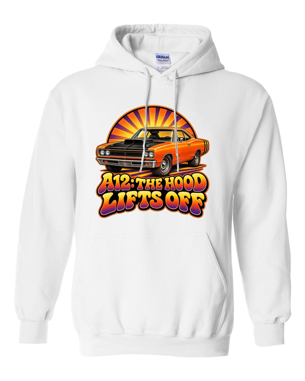 Retro 70s airbrush sunburst design with a 1969 Dodge Coronet Super Bee A12 and lift-off hood text white pull over hoodie front view with the design