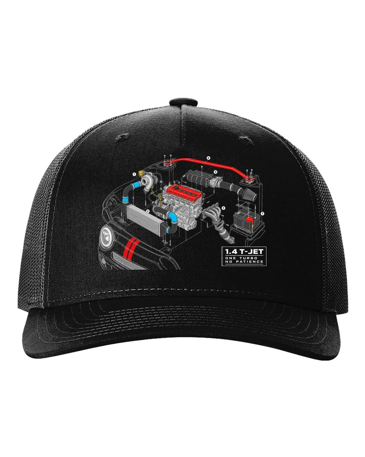 Exploded cutaway engine blueprint of the Abarth 695 1.4 T-Jet black hat front view with the design