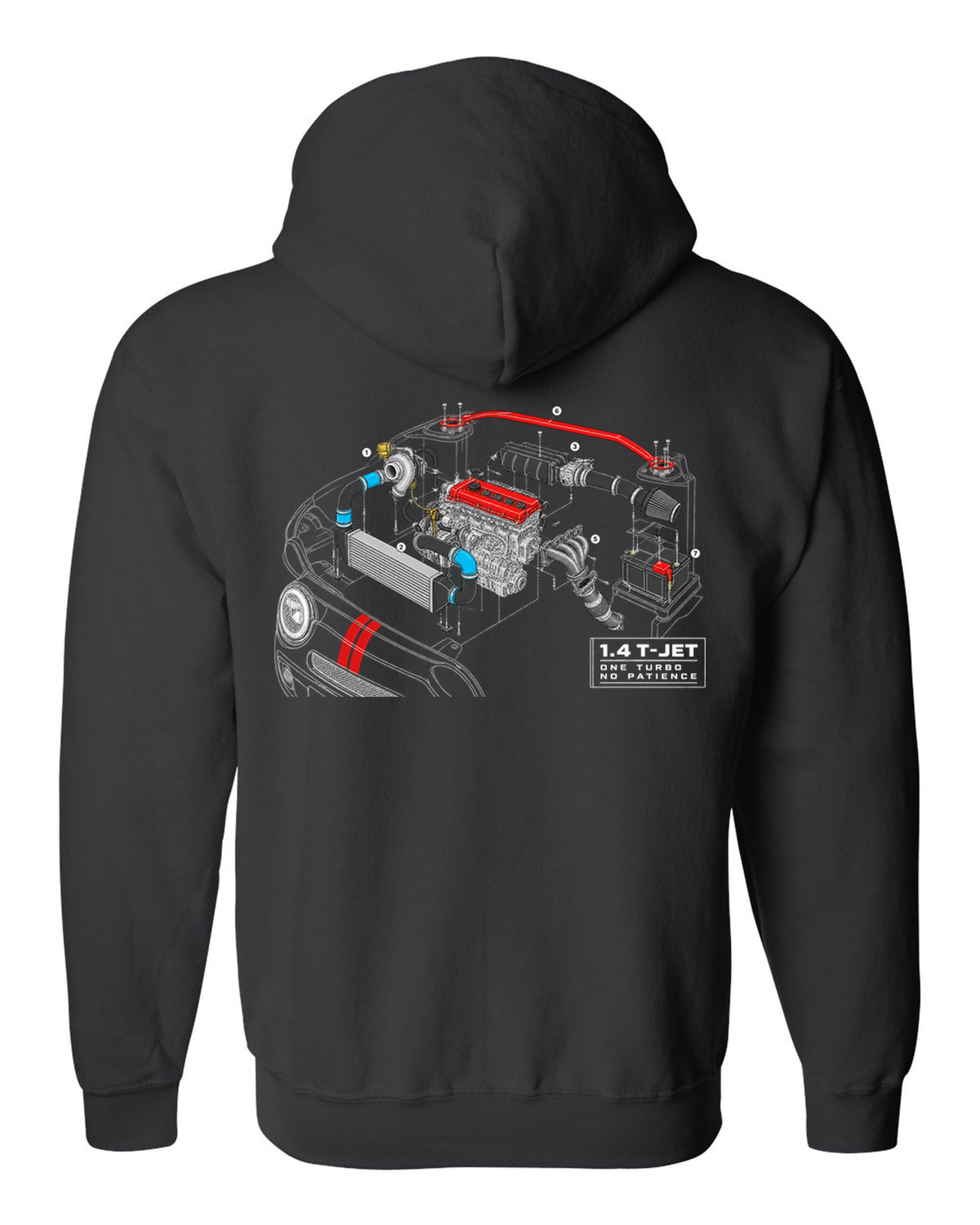 Exploded cutaway engine blueprint of the Abarth 695 1.4 T-Jet black zip hoodie back view with the design