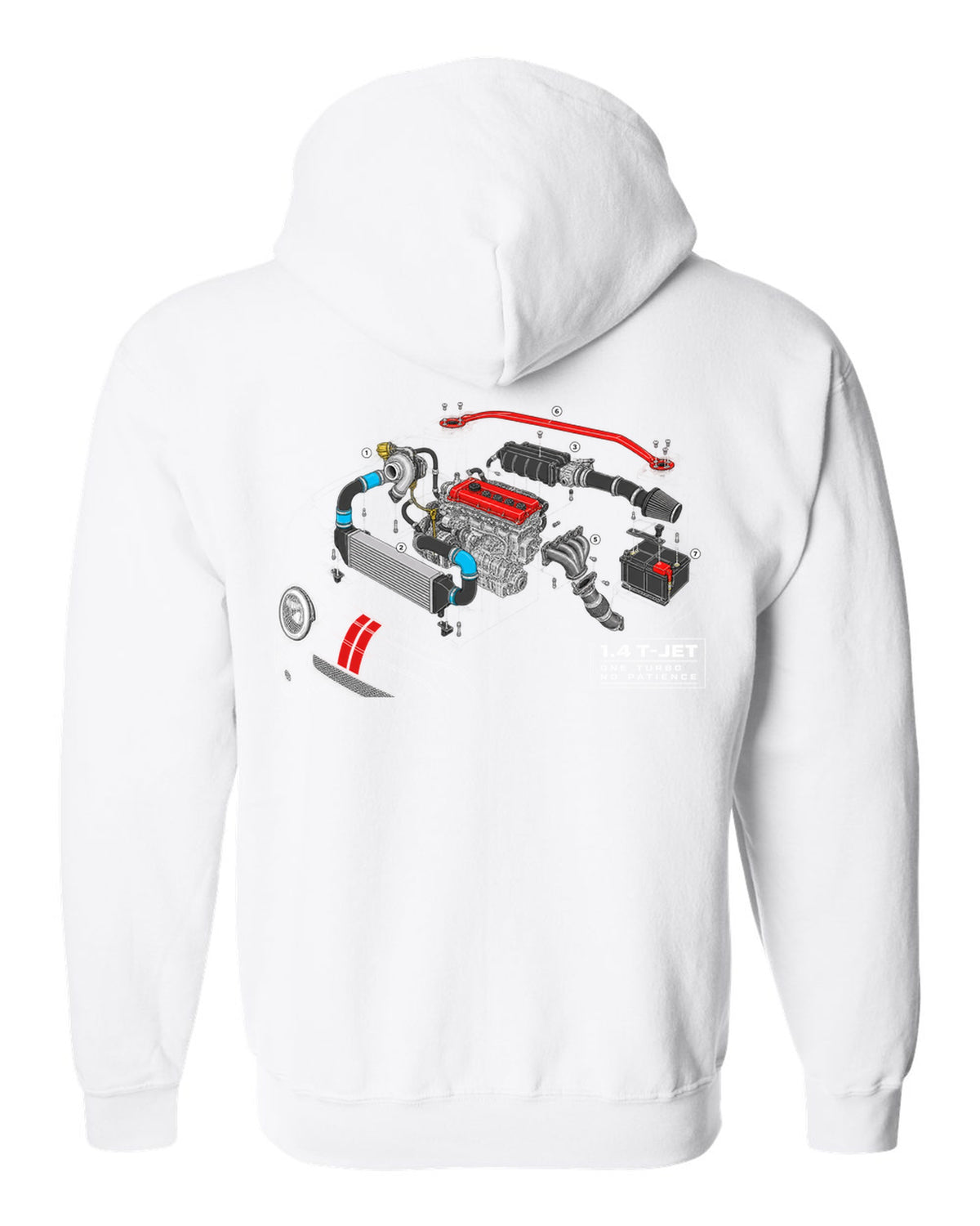 Exploded cutaway engine blueprint of the Abarth 695 1.4 T-Jet white zip hoodie back view with the design