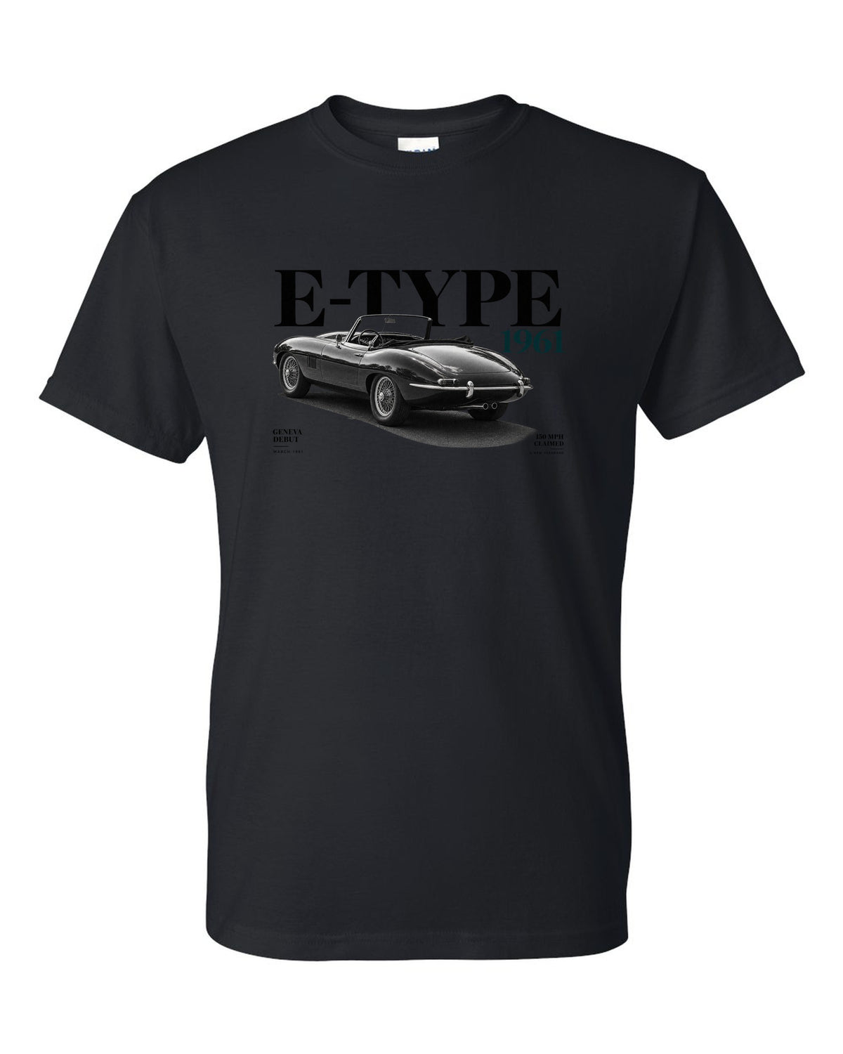 Jaguar E-Type roadster 1961 Geneva debut editorial poster black t-shirt front view with the design