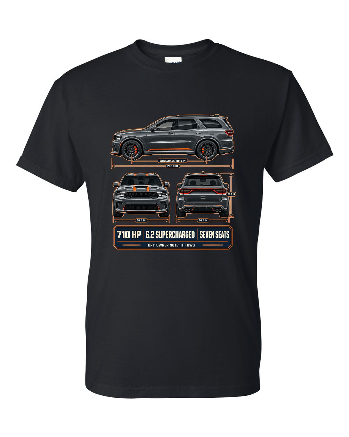 Dodge Durango SRT Hellcat 2021 three-view drawing with spec table print black t-shirt front view with the design