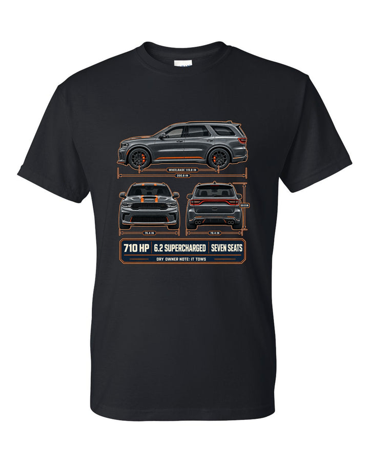 Dodge Durango SRT Hellcat 2021 three-view drawing with spec table print black t-shirt front view with the design