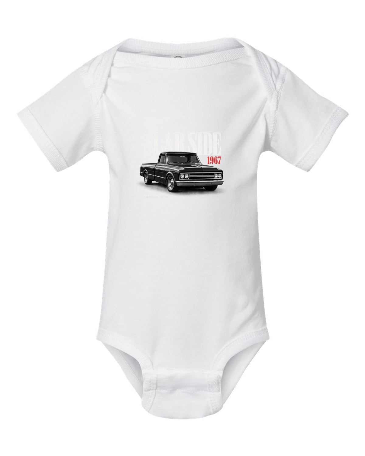 Editorial print of a 1967-72 Chevrolet C10 Action Line Fleetside with 283 V8 text white baby onesie front view with the design
