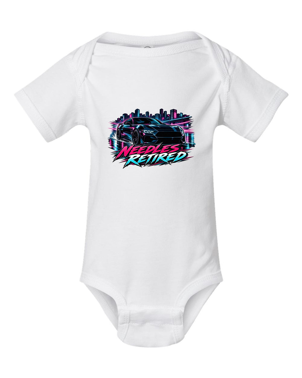 Cel-shaded anime night touge print of a 2024 S650 Mustang coupe with Needles Retired text white baby onesie front view with the design