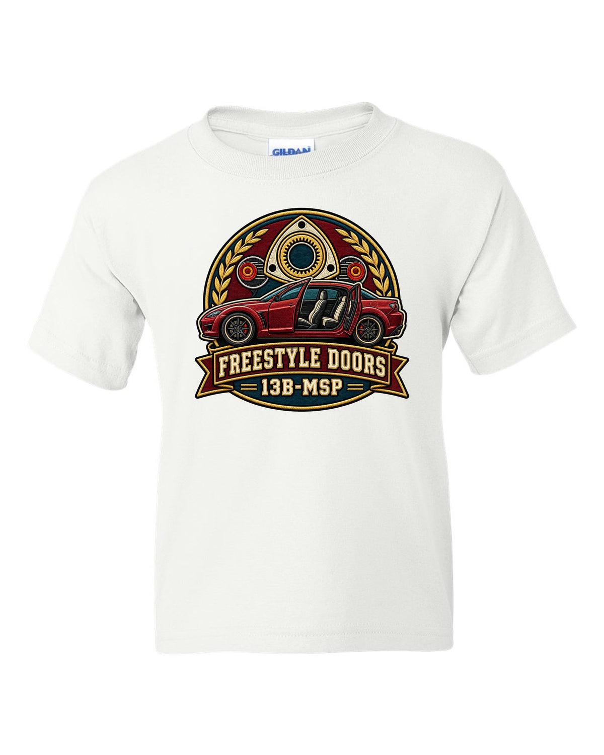Varsity-style crest of a Mazda RX-8 SE3P with freestyle doors and 13B-MSP text white kids tee front view with the design
