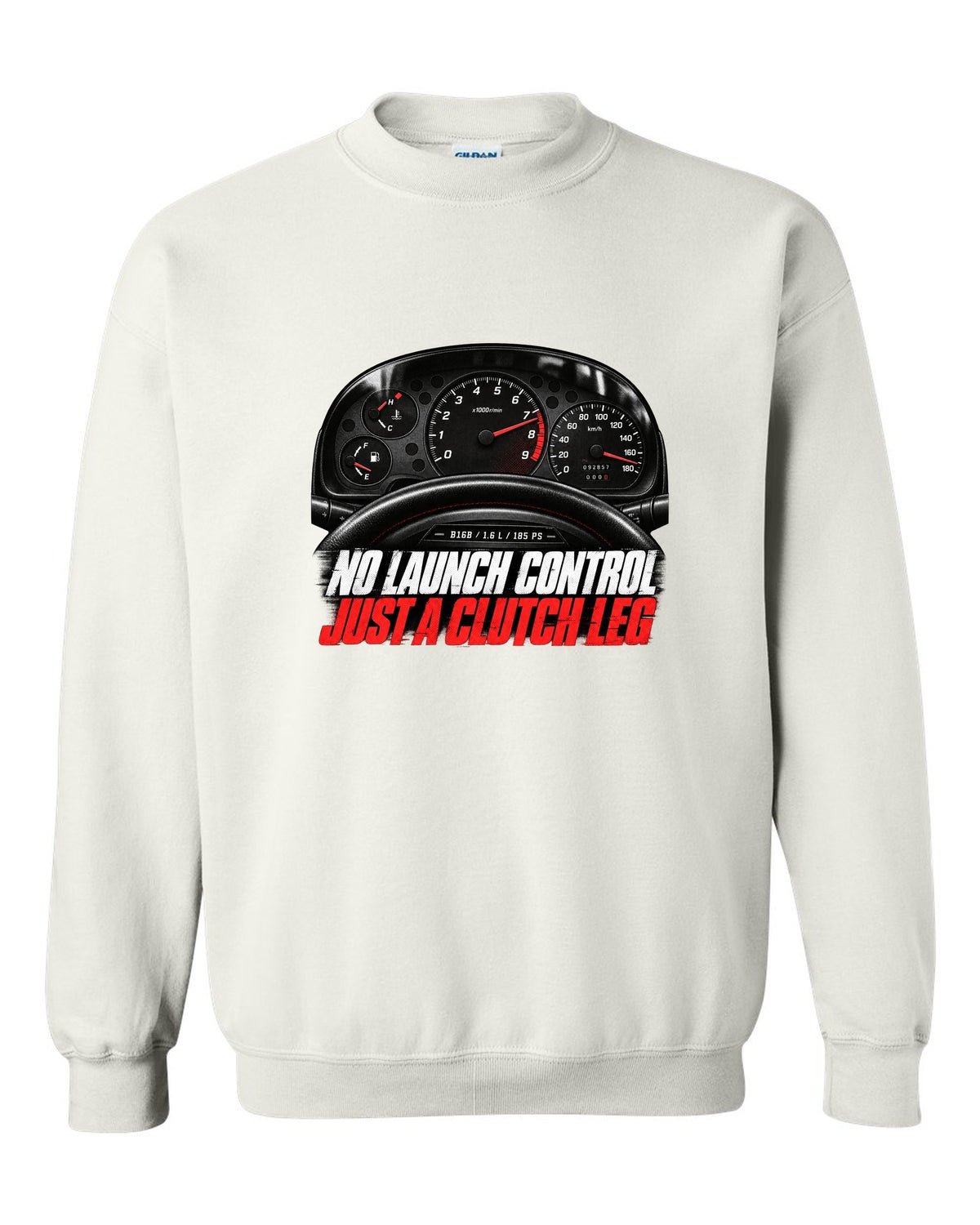 Cockpit gauge print of a 1997 Honda Civic EK9 chback with clutch leg text white crewneck front view with the design