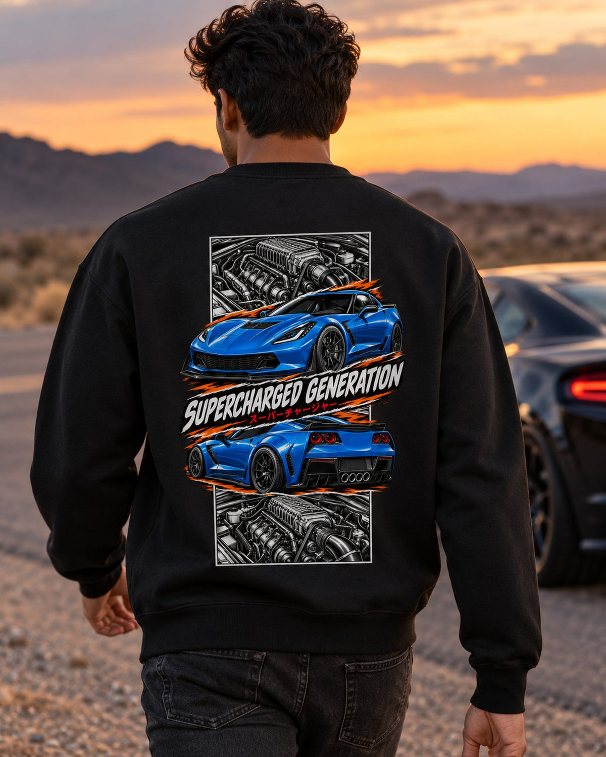 Corvette C7 Z06 Torn Poster Full-Back Graphic Tee Crewneck Black worn hero