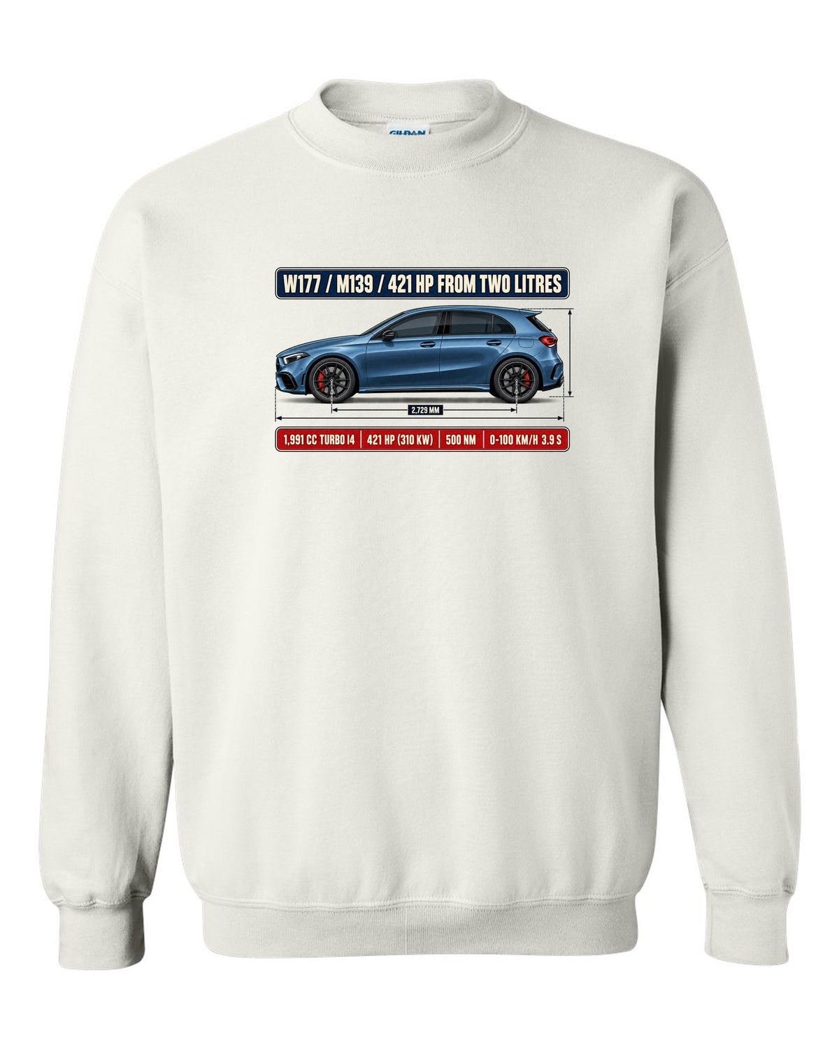 Mercedes-AMG A45 S W177 chback dimension blueprint print white crewneck front view with the design