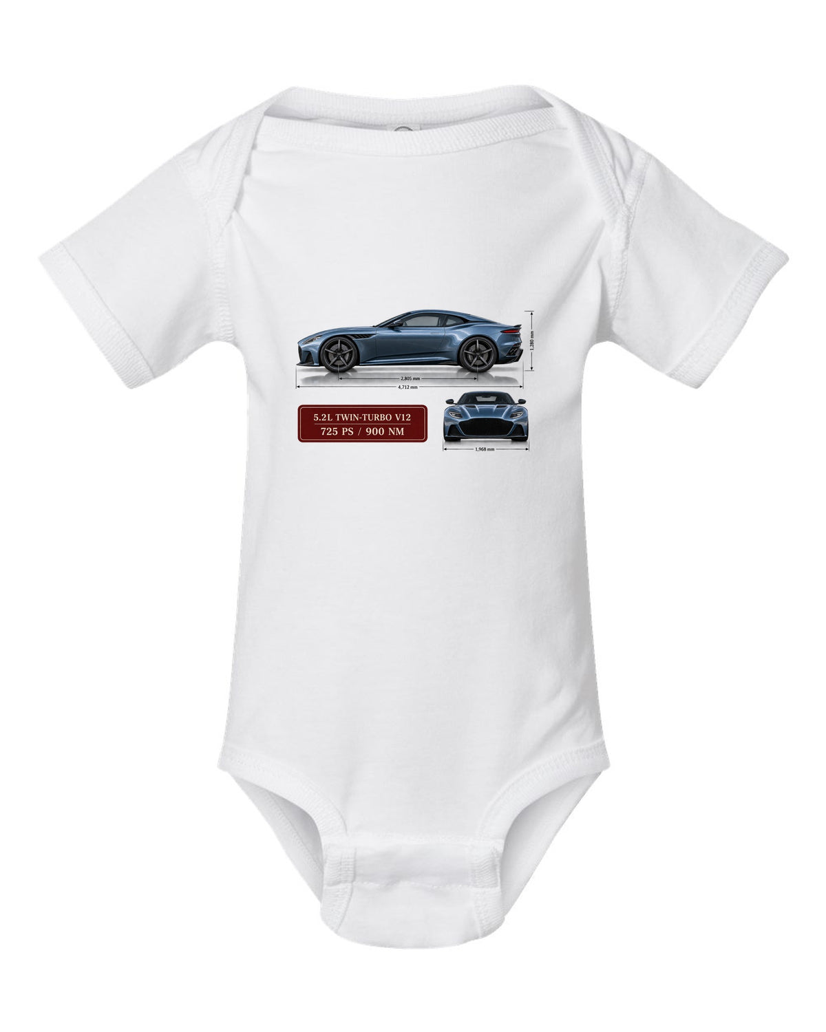 Aston Martin DBS Superleggera 2018 spec sheet print with 5.2L V12 725 PS 900 Nm white baby onesie front view with the design