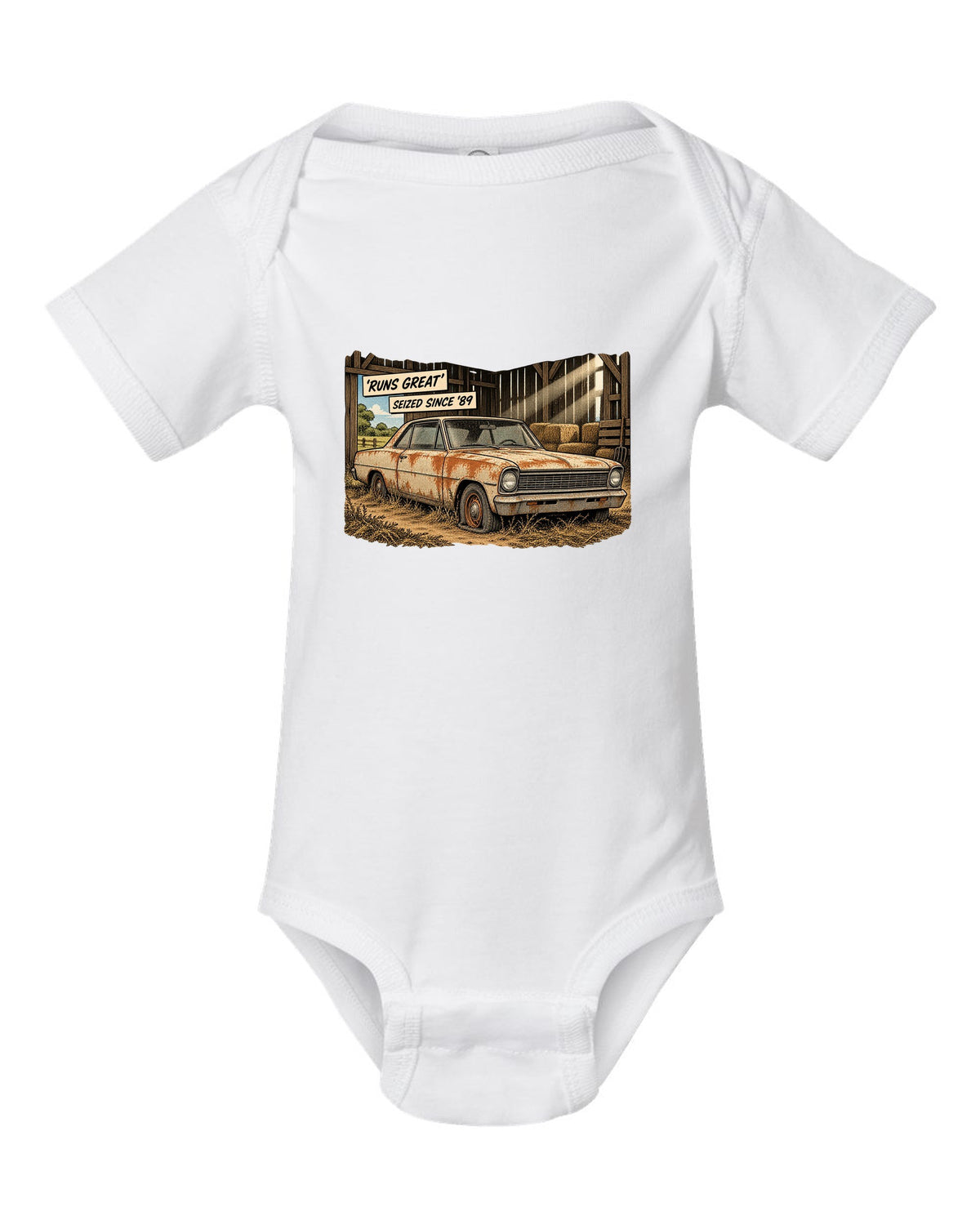 Synthwave print of a 1971 Chevelle SS 454 taillights with the text Runs Great, Seized Since '89 white baby onesie front view with the design