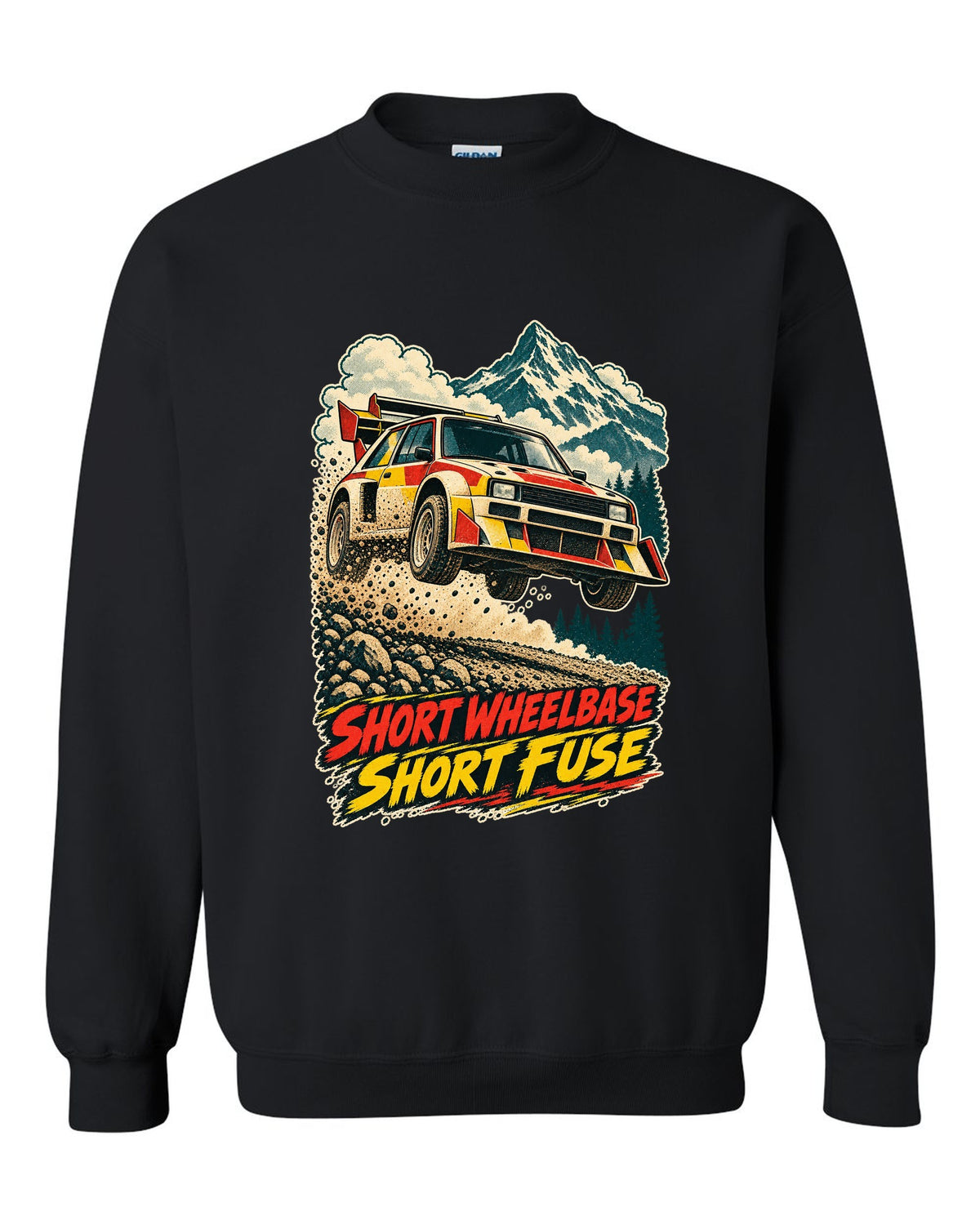 Vintage race-poster lithograph print of a 1985 Audi Sport Quattro S1 E2 with Short Fuse lettering black crewneck front view with the design