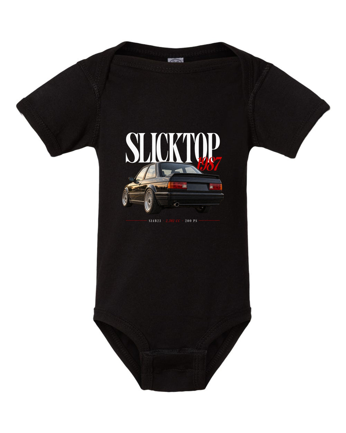 BMW E30 M3 Slicktop 1987 editorial headline print with S14B23 spec text black baby onesie front view with the design