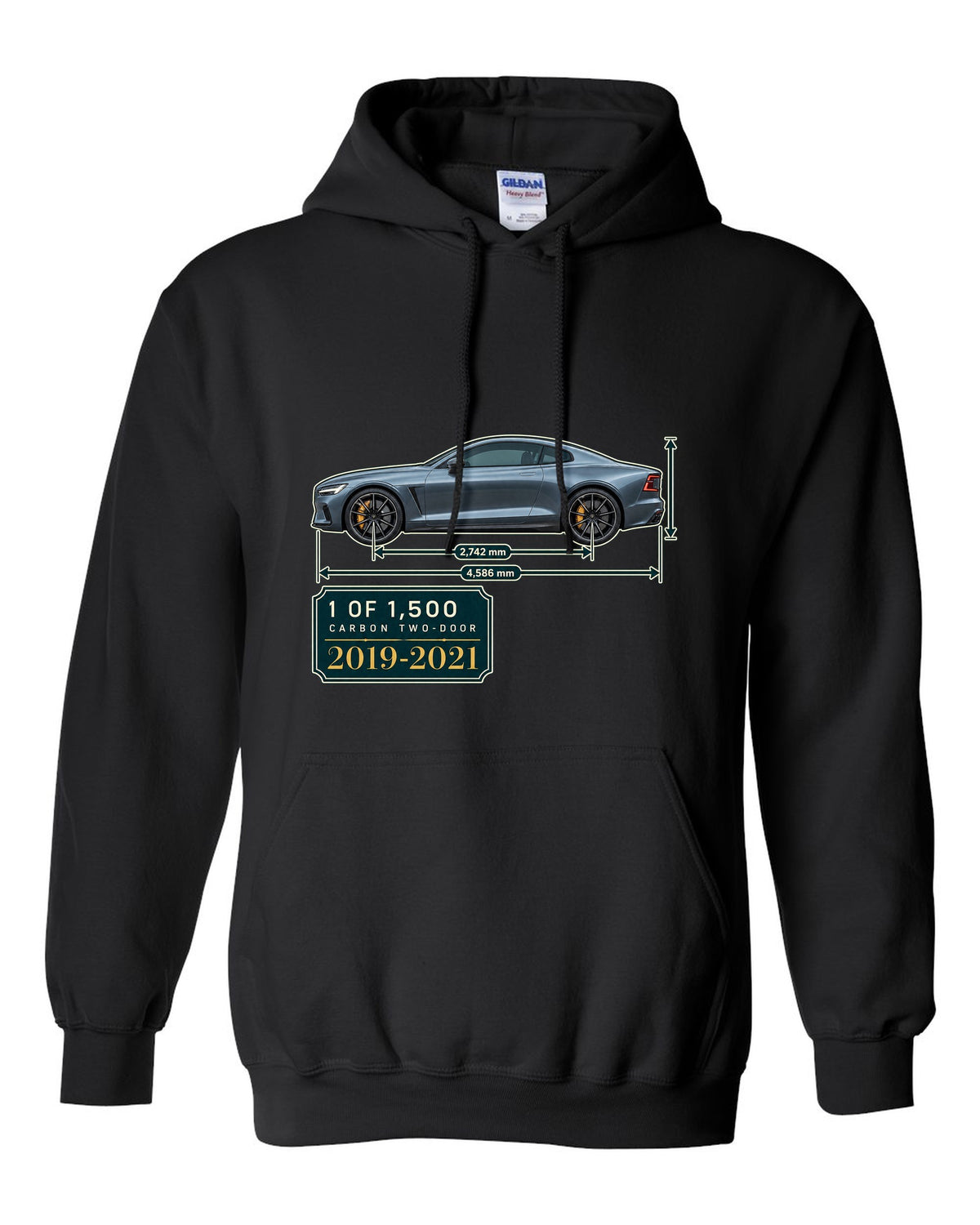 Polestar 1 archive panel print showing 1 of 1,500 carbon two-door black pull over hoodie front view with the design