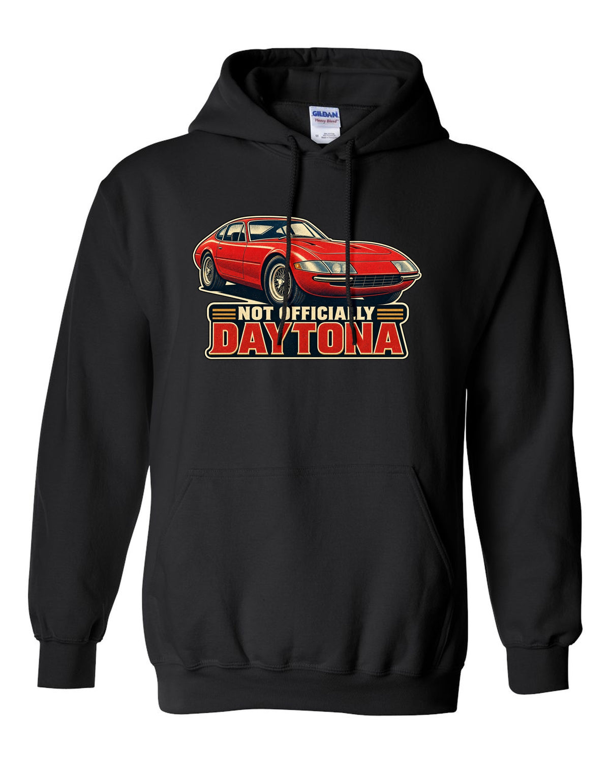 1960s race poster lithograph of the Ferrari 365 GTB/4 Daytona nose black pull over hoodie front view with the design