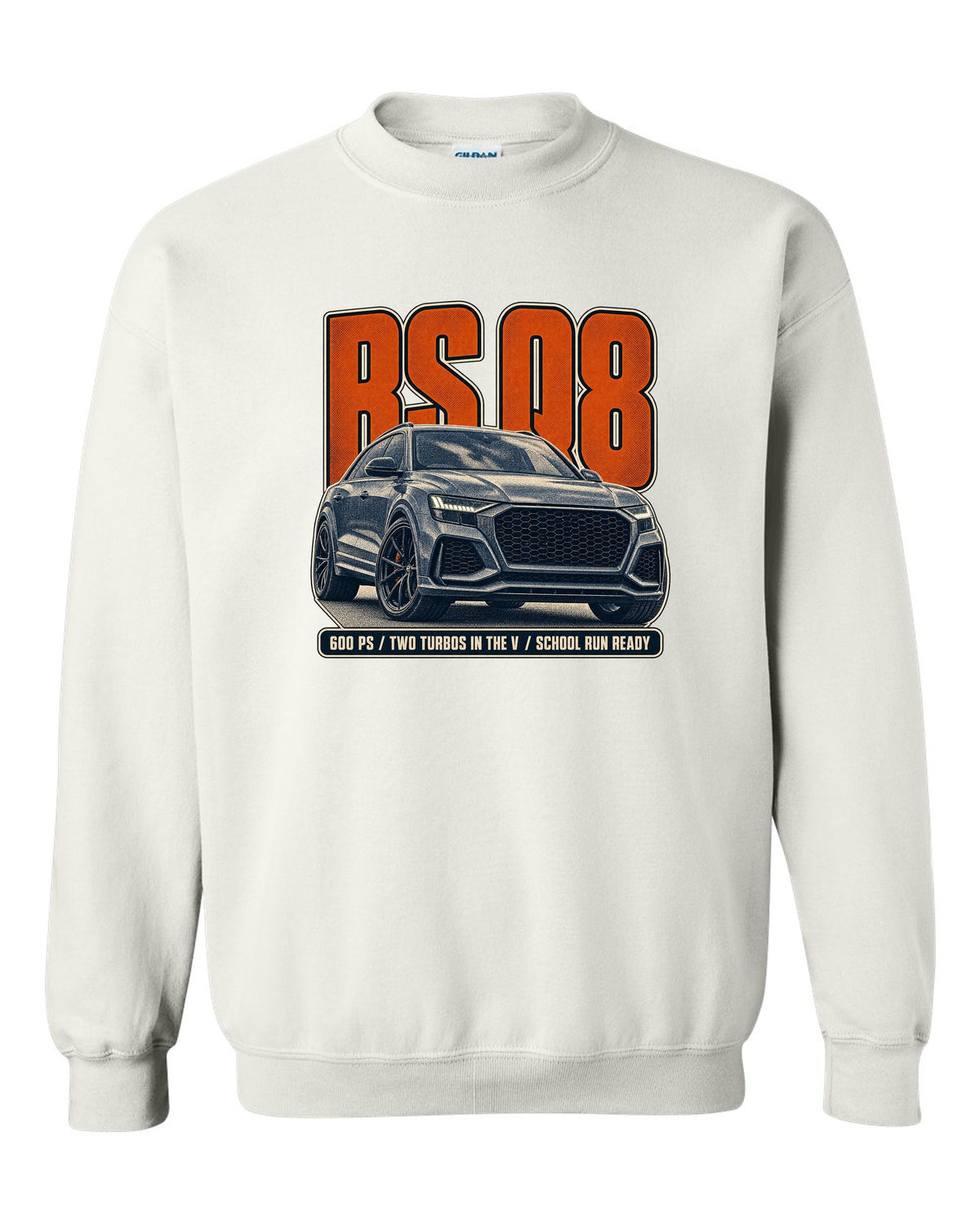 Audi RS Q8 halftone statement print with 600 PS text white crewneck front view with the design