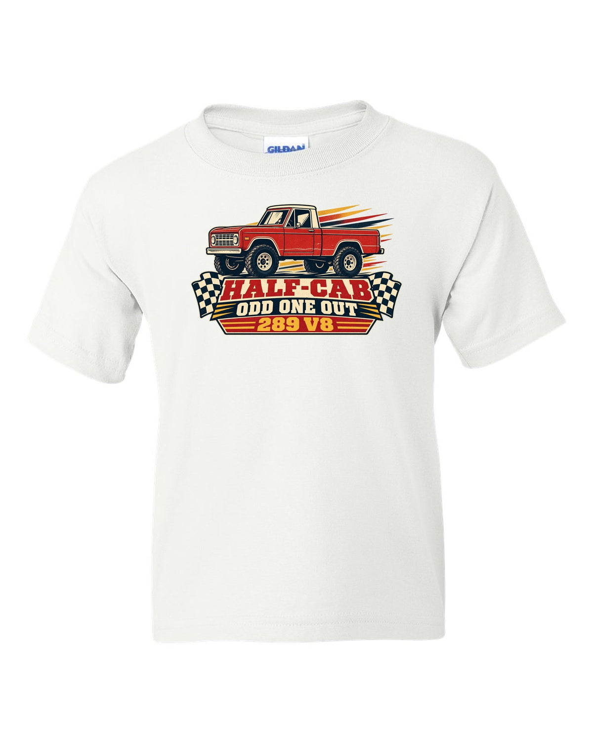 Vintage race poster art of a 1966-72 Ford Bronco U14 half-cab with HALF-CAB ODD ONE OUT lettering white kids tee front view with the design