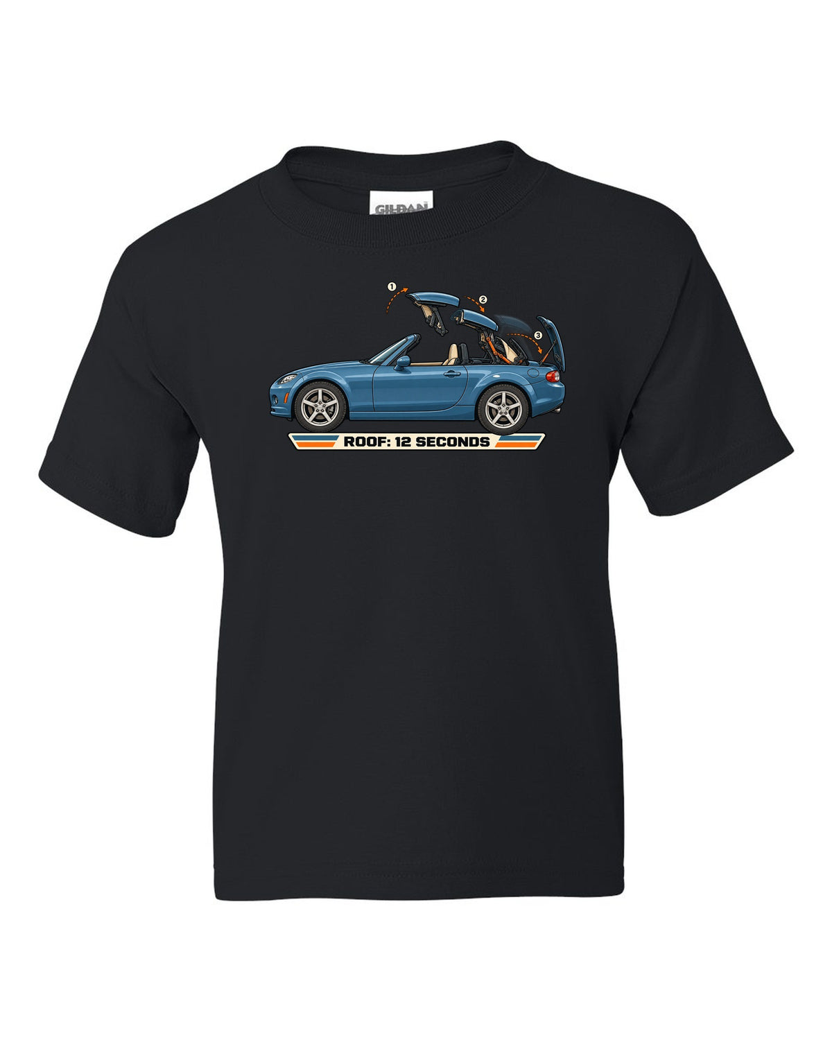Exploded cutaway diagram of the Mazda MX-5 NC PRHT roof fold mechanism black kids tee front view with the design