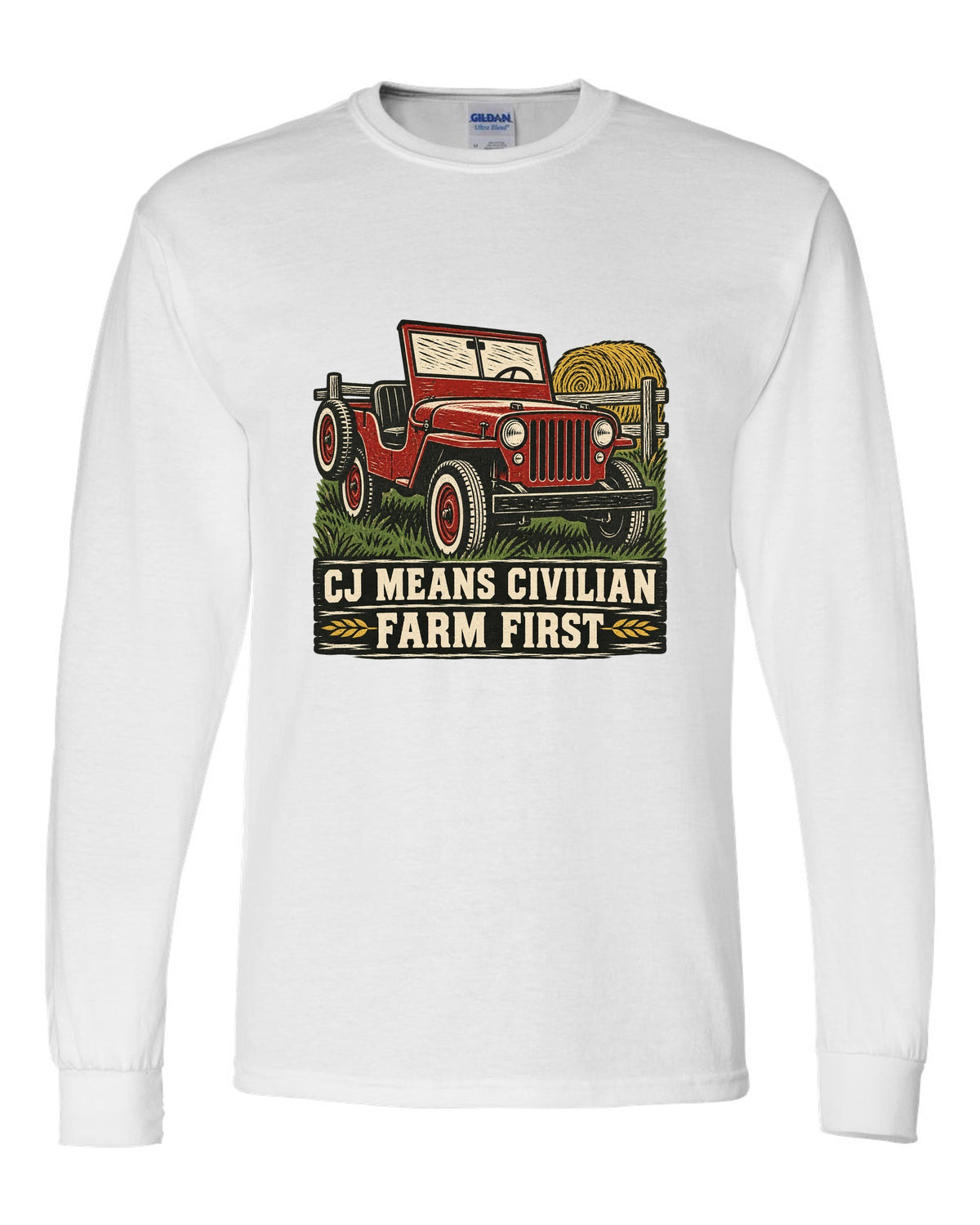 Linocut-style print of a Jeep CJ-2A with civilian farm text white long sleeve front view with the design