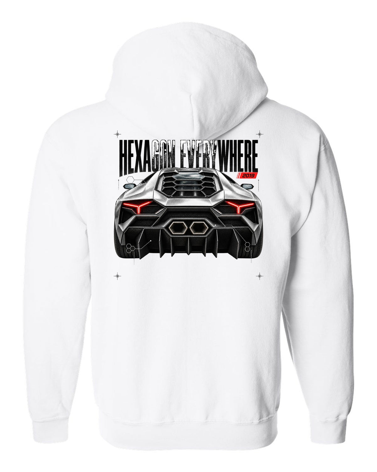 Detail macro print of a Lamborghini Huracan Evo LP640-4 with Hexagon Everywhere text white zip hoodie back view with the design