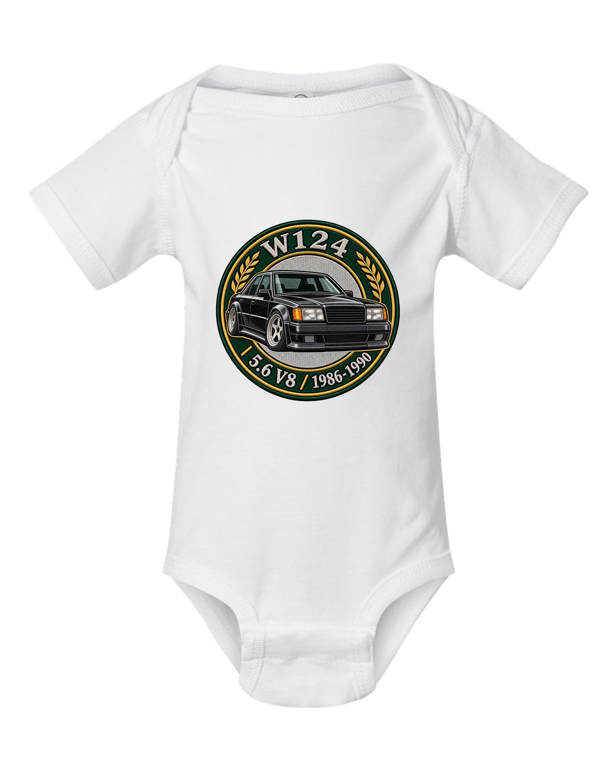 Stencil spray street art of a Mercedes 300E Hammer W124 with the word SLEEPER white baby onesie front view with the design